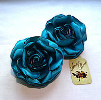 Заколка-уточка с цветком из ткани ручной работы "Роза морская волна"