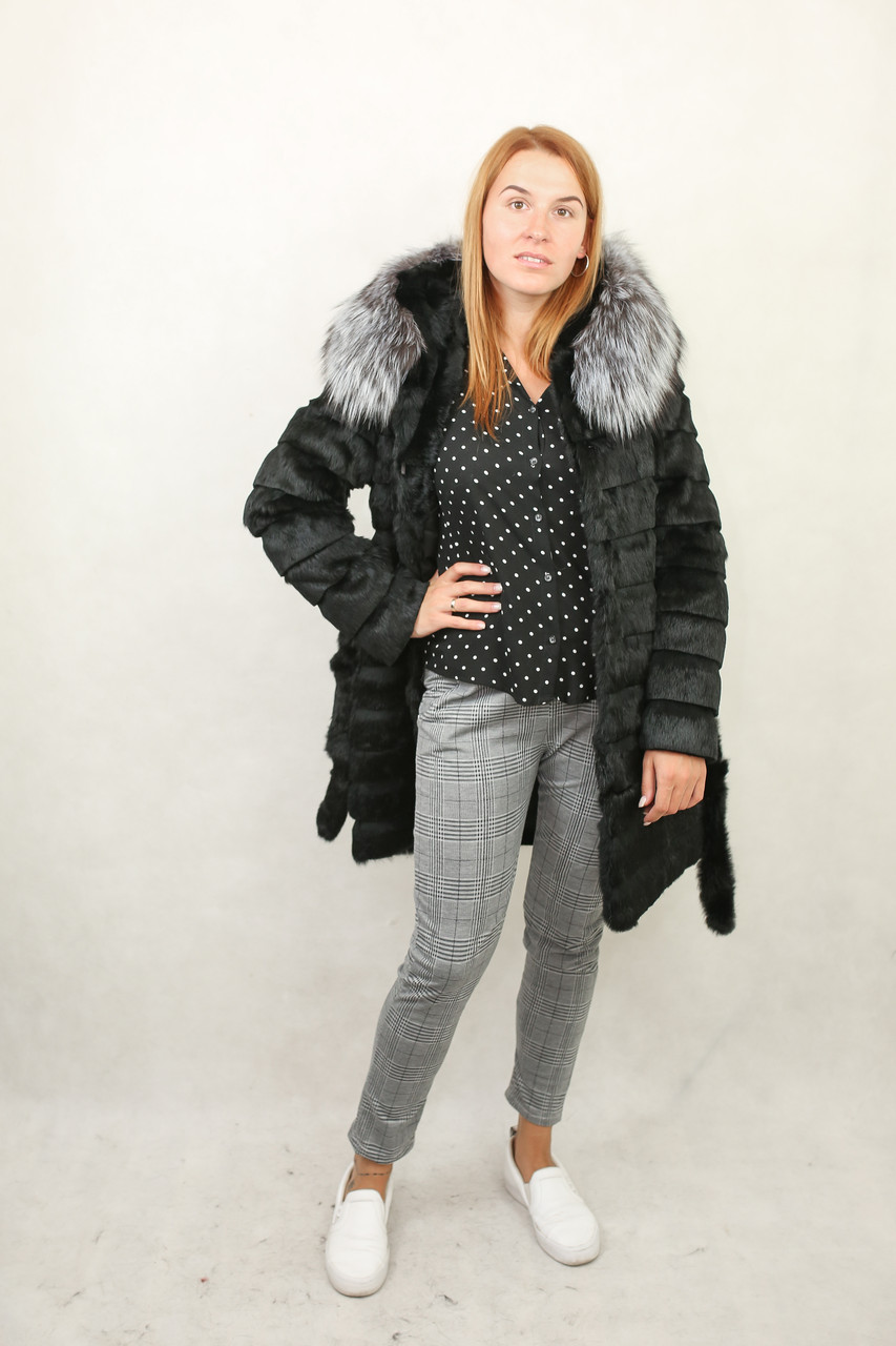 Шуба-трансформер із хутра кролика натуральна, чорна, фото 1