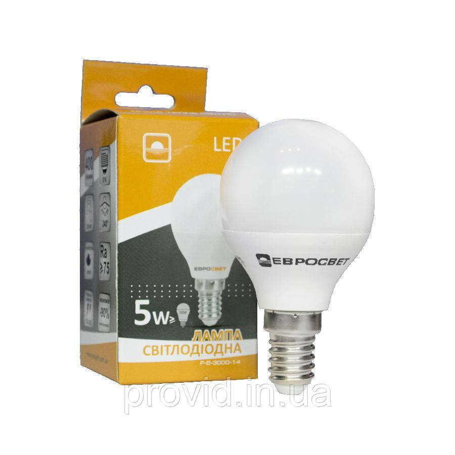 Лампа світлодіодна ЕВРОСВЕТ 5Вт 3000К Р-5-3000-14 E14, фото 1