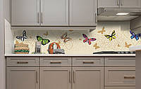 Виниловый кухонный фартук Яркие бабочки самоклеющаяся пленка ПВХ скинали 3Д мотыльки Животные Бежевый 600*2500
