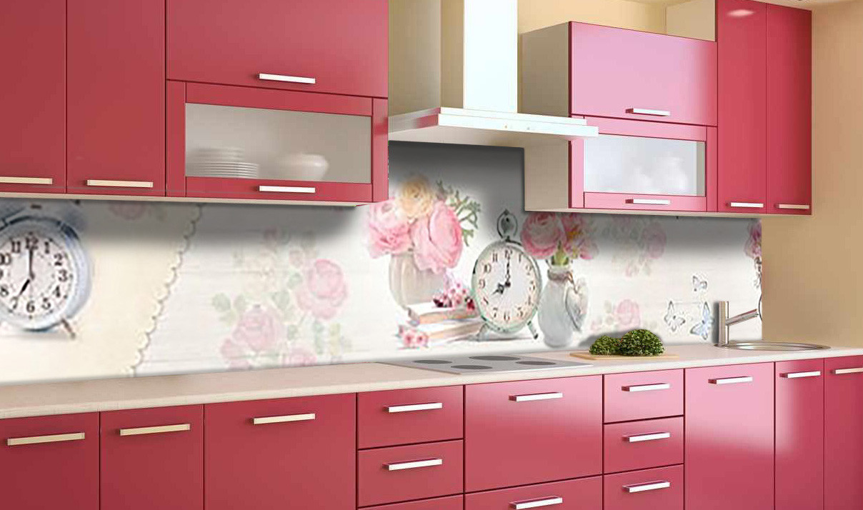 Вініловий кухонний фартух Годинник самоклеюча плівка ПВХ скіналі 3Д квіти Абстракція Рожевий 600*2000 мм