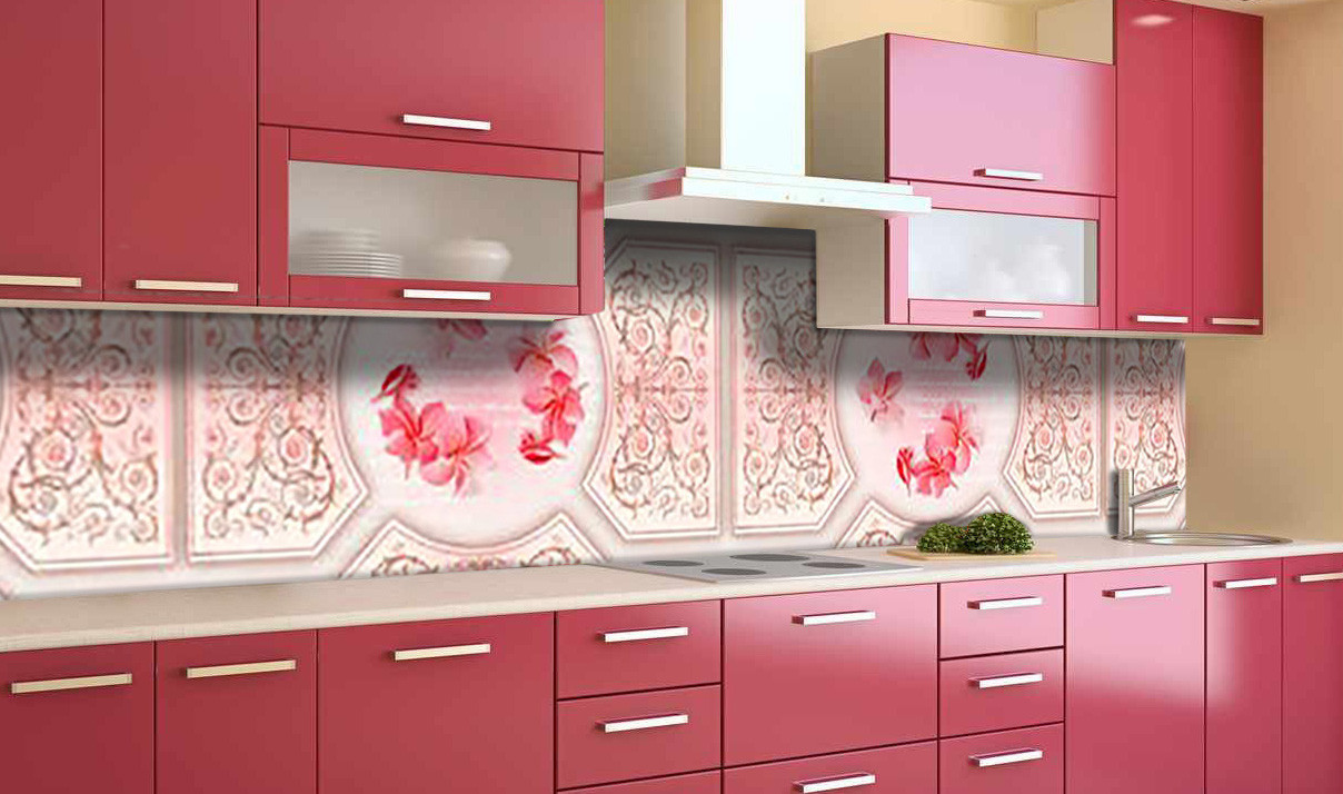 Вініловий кухонний фартух Квіткова сфера плівка ПВХ скіналі 3Д візерунок орнамент Абстракція Рожевий 600*2000 мм