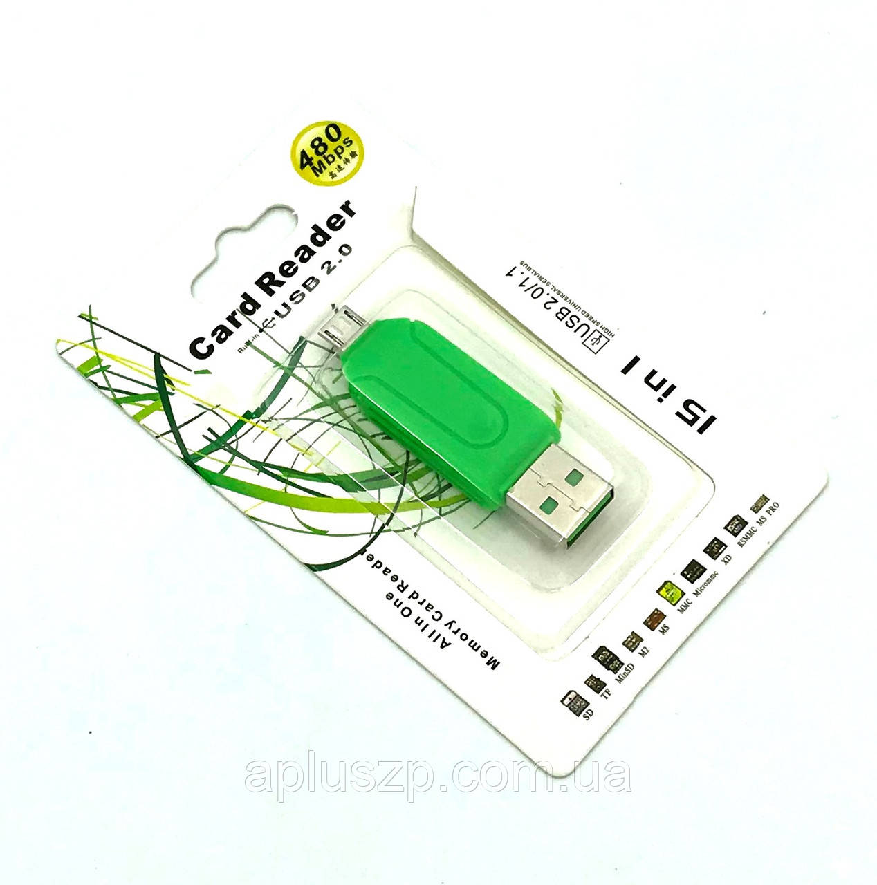 Картридер CR-004 USB + OTG SD + Micro SD Green