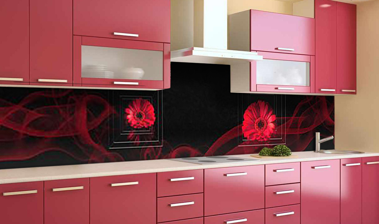 Вініловий кухонний фартух Гербери Геометрія плівка ПВХ скіналі 3Д квіти завитки Абстракція 600*2000 мм