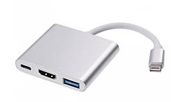 Конвертер Type-C (тато) на HDMI (мама) + USB 3.0 (мама) + Type-C (мама) 10cm, Silver, 4K/2K, Пакет