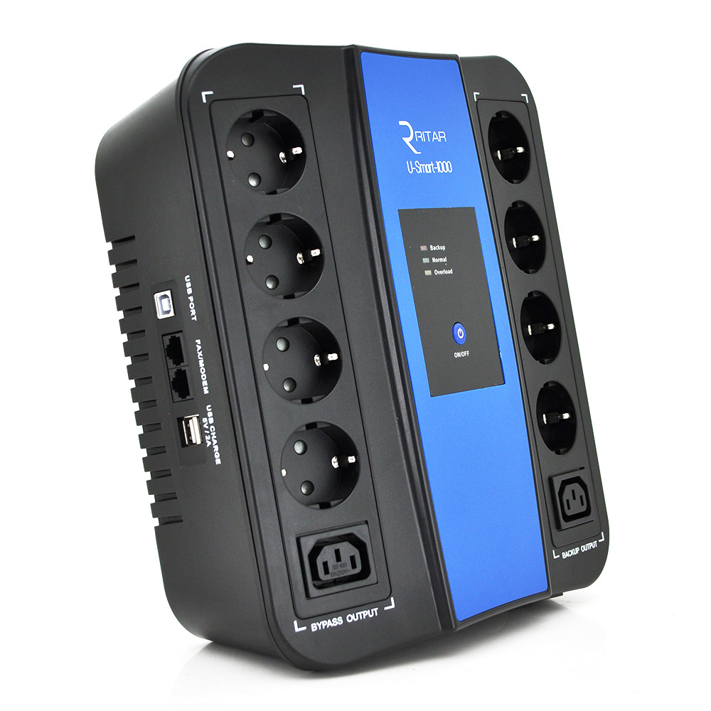 ИБП Ritar U-Smart-1000 (600W), LED, AVR, 3st, 8xSCHUKO socket, 1x12V9Ah, USB x2, RJ45, plastik Case