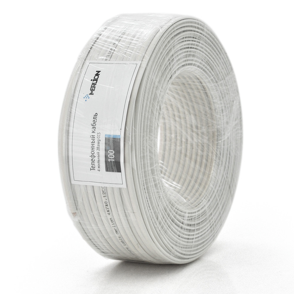 Телефонний кабель Merlion 4 житловий 28awg CCS 100 метрів у бухті білий, фото 1