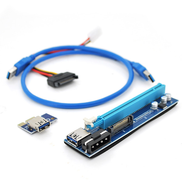Riser PCI-EX, x1 => x16, 4-pin MOLEX, SATA=>4Pin, USB 3.0 AM-AM 0,6 м (синій), конденсатори 270, Пакет, фото 1