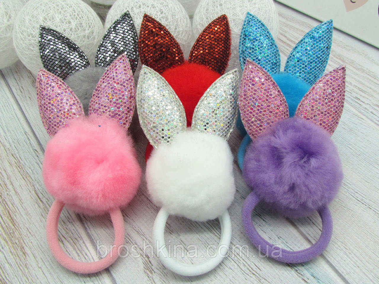 Гумки для волосся помпон з вушками 12 шт/уп., фото 1