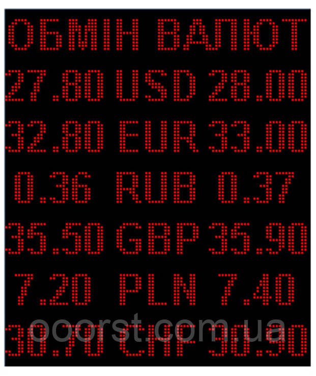 Електронне табло обмін валют одноколірне — 6 валют 960х1120 мм червоне