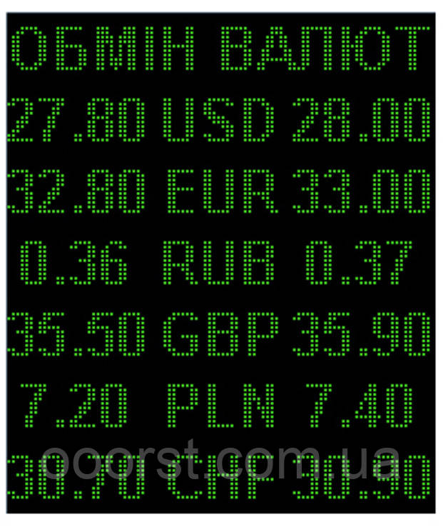Електронне табло обміну одноколірне — 6 валют 960х1120 мм зелене