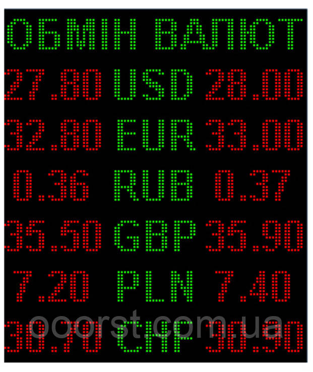 Електронне табло обміну на 6 валют двоколірне — 960х1120 мм