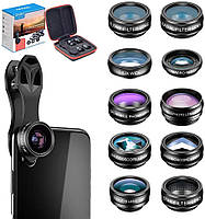 Apexel APL-DG10 Deluxe Lens Clip Kit 10 in 1, набір лінз, об'єктивів для телефона, смартфона