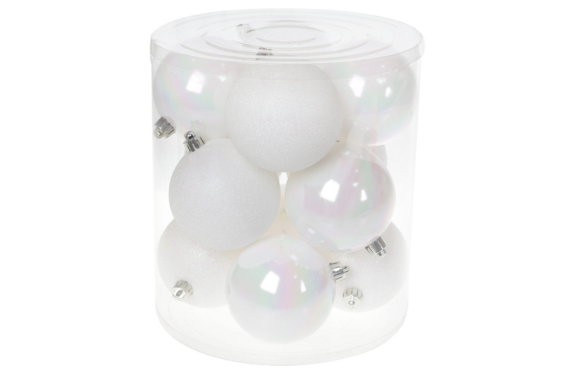 Набір ялинкових куль, 8 см, 12 шт.; колір — білий перламутр, глітер