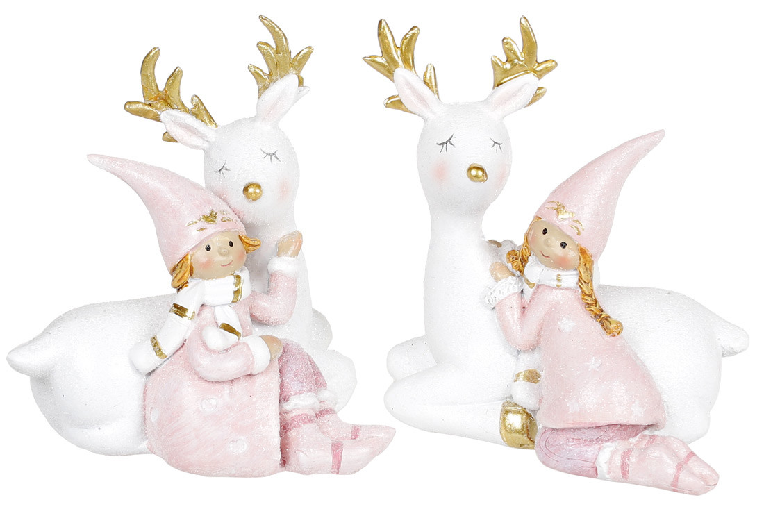 Декоративна статуетка Дівчинка з оленям, 10 см, 2 різновиди, колір — рожевий із білим, у пакованні 2 шт. (823-007)