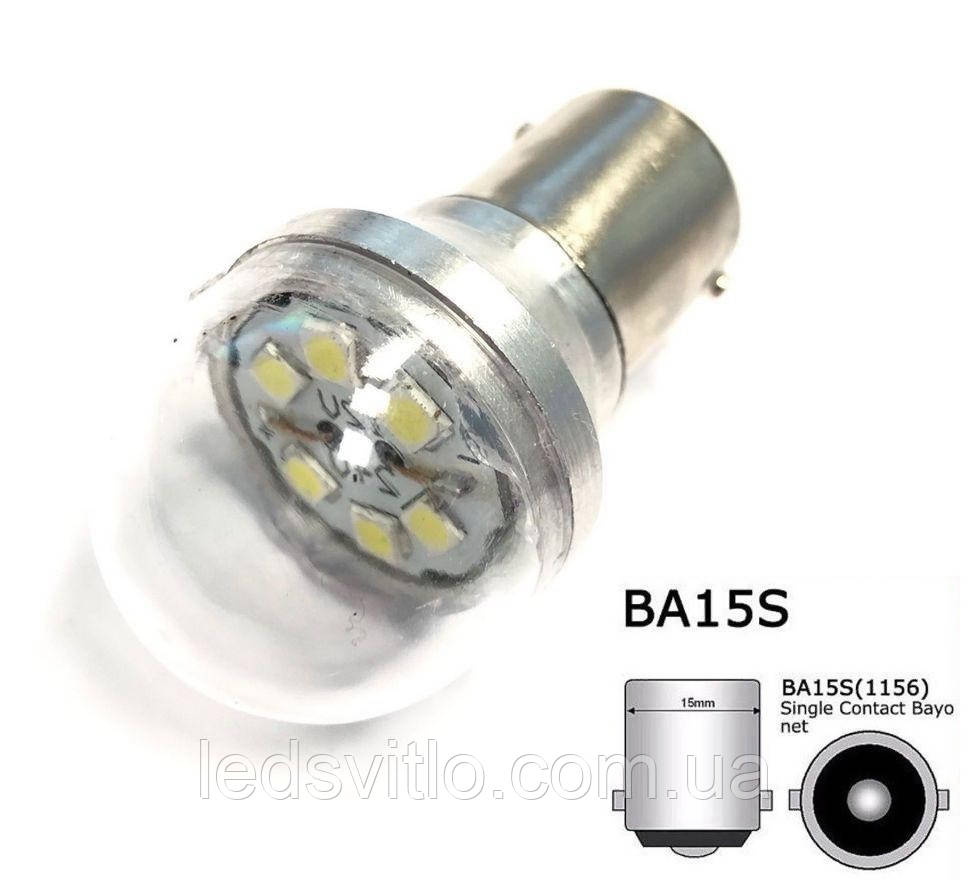 Автомобільна LED лампа P21W S25 12-24V 6smd 3030 світлодіодна з драйвером, білий колір світла