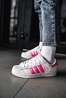 Женские кроссовки Adidas Superstar White\Pink. Кроссы для девушек Адидас Суперстар Вайт Пинк белые с розовым.