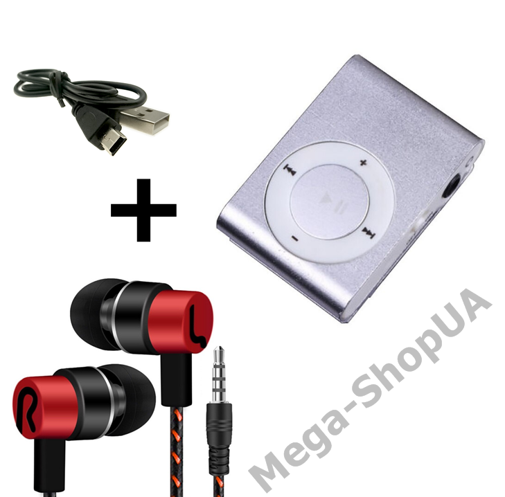 Міні MP3 плеєр алюмінієвий кліпса + вакуумні навушники + USB перехідник. Мп3 плеєр для спорту, бігу SA22S
