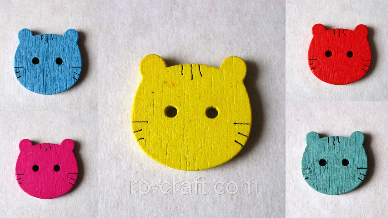 Гудзик дерев'яний, декоративний. Голова кота, 20х20 мм, фото 1