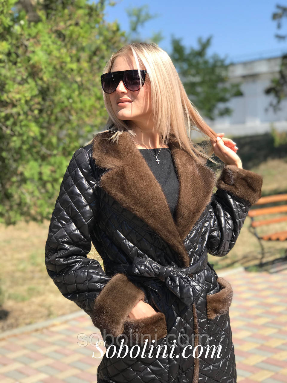 Пальто стьобане з норкою M/L