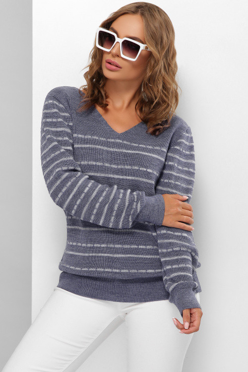 В'язаний жіночий джемпер в смужку світлий джинс 44-48, фото 1