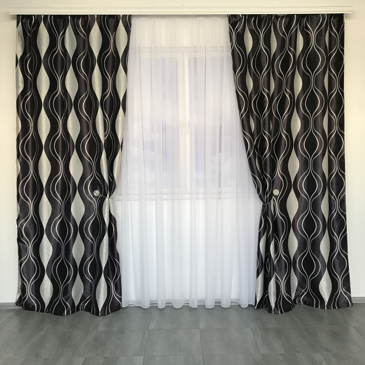 Штори велюр блекаут хвиля кавові з білим шифоновим тюлем ALBO (SHTN-209-29), фото 1