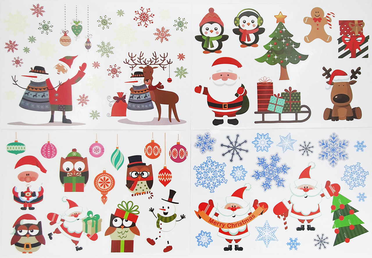 Багаторазові новорічні наклейки 4 в 1 Melinera, набір новорічних наклейок на вікно 4 листи 22,5 х 33 см