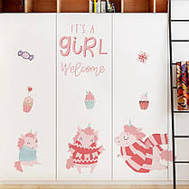 Вінілові наклейки для дитячої кімнати на стіни, шафа "єдиноріг рожевий girl" 90 см*35 см (лист40см*60см), фото 3