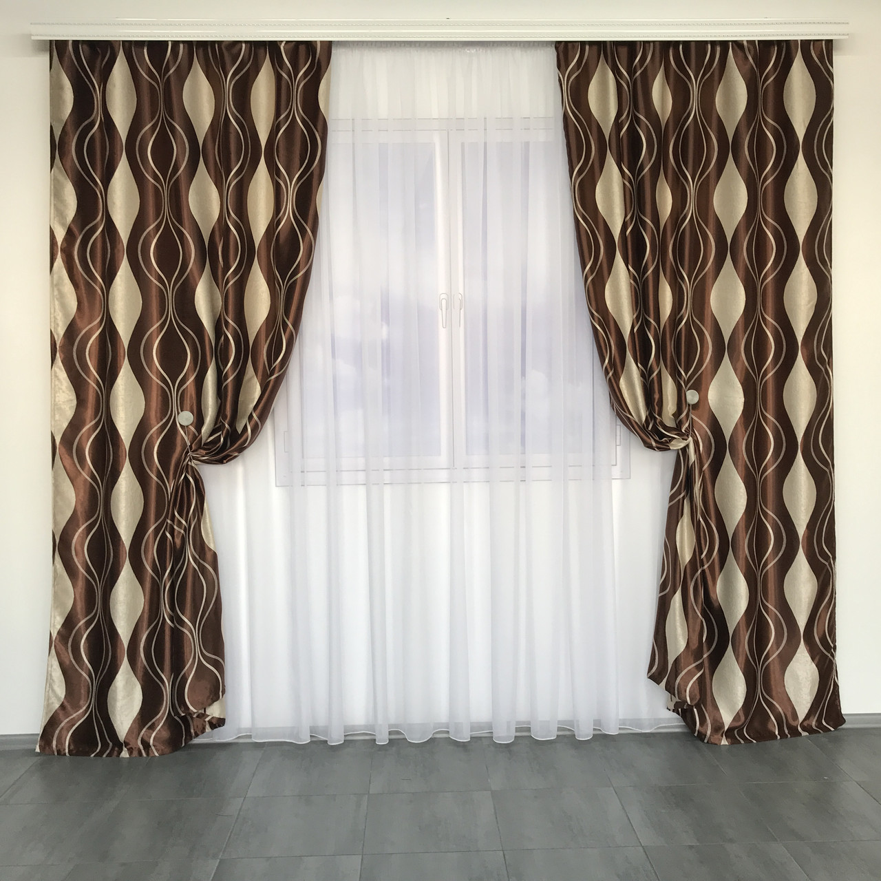 Штори велюр блекаут хвиля коричневі з білим шифоновим тюлем ALBO (SHTN-209-2), фото 1