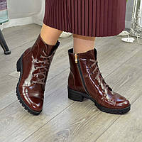 Ботинки коричневые женские на устойчивом каблуке, натуральная кожа рабат