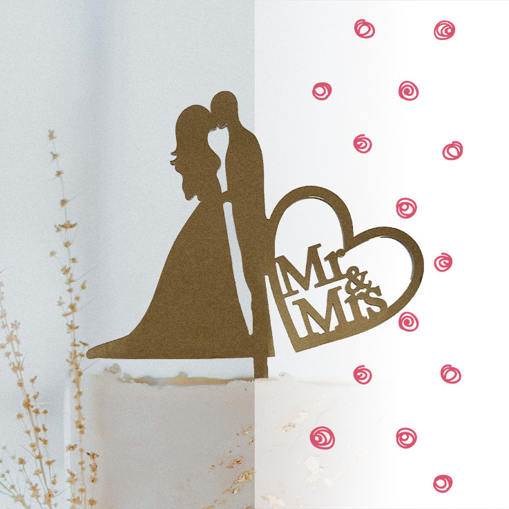 Топер фігурка на весільний торт дзеркальний двосторонній Manific Decor "Весільна пара Mr&Mrs" на замовлення, фото 1