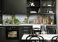 Виниловый кухонный фартук Вид на домик Горы пленка ПВХ скинали 3Д колонный Архитектура Зеленый 600*2000 мм