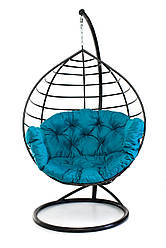 Підвісне крісло кокон для дому та саду з великою подушкою до 150 кг бірюзового кольору в чорному коконі