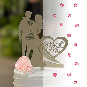 Топер фігурка на торт дзеркальний двосторонній  "Весільна пара з обручками Mr&Mrs"  Manific Decor