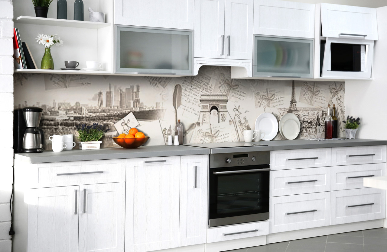 Вініловий кухонний фартух Лист Лондон Париж самоклеюча плівка ПВХ скіналі 3Д Абстракція Сірий 600*2000 мм