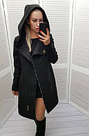 Черное женское пальто с капюшоном, арт 136 на молнии