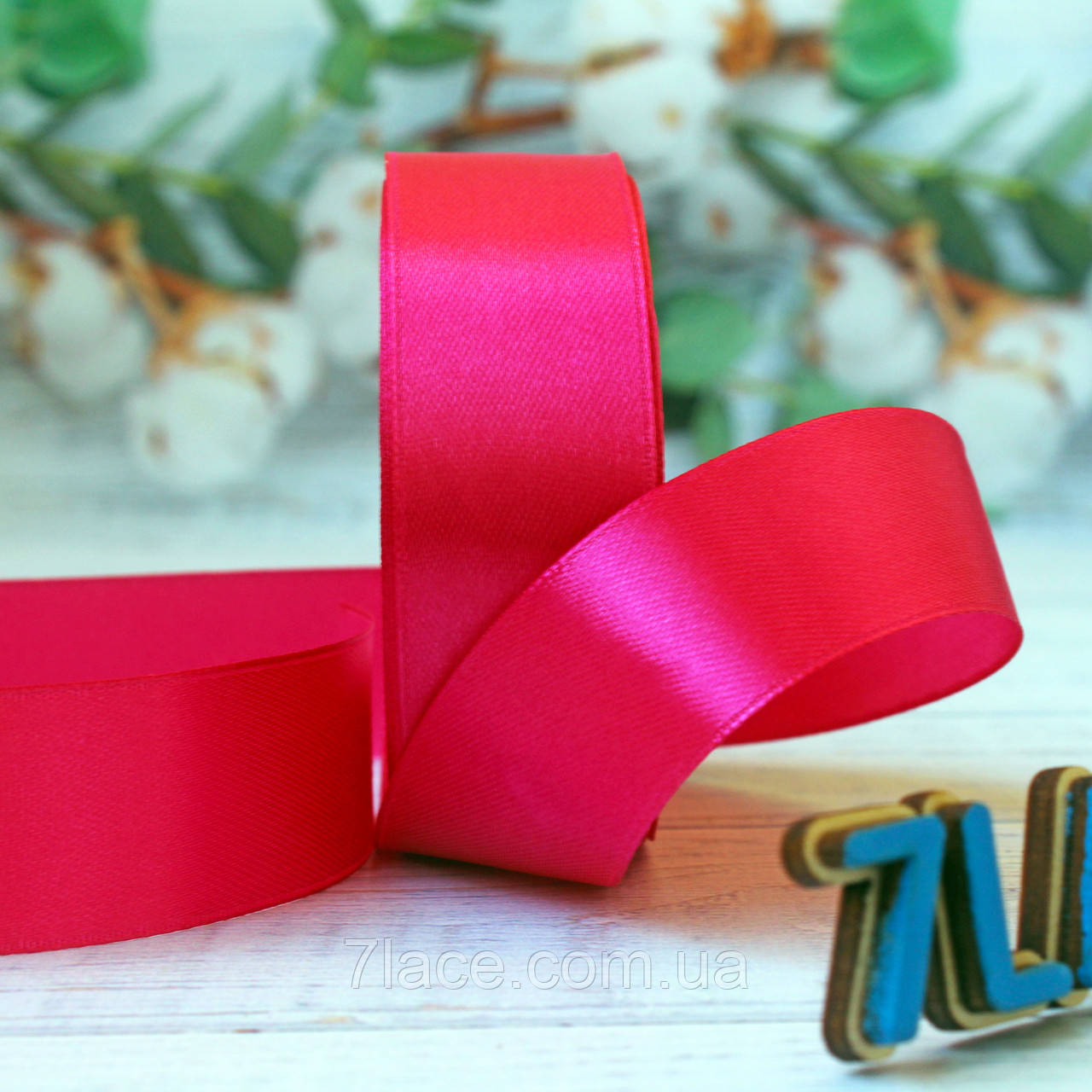 Стрічка атласна однотонна / колір МАЛИНОВИЙ / ширина 2,5 см / бобіна 23 м, фото 1
