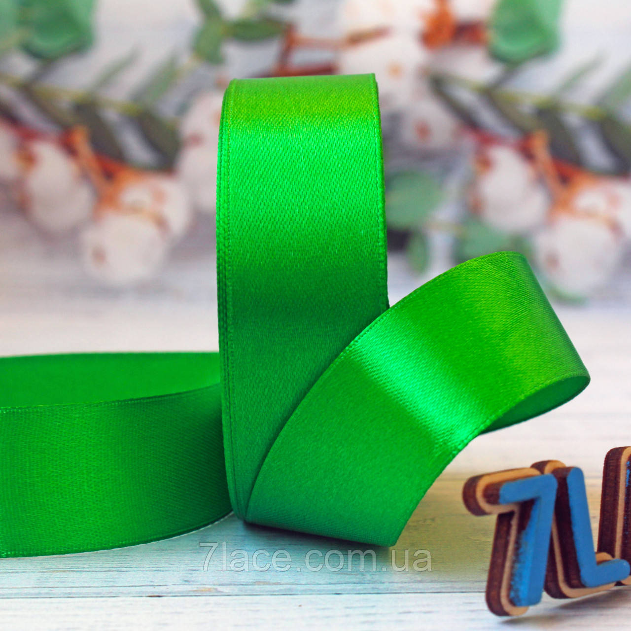 Стрічка атласна однотонна/колір ТРАВ'ЯНОй/ширина 2,5 см/бобіна 23 м, фото 1