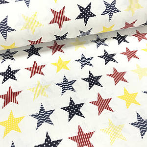 Тканина муслін Двошарова зірки великі червоно-сині з малюнком усередині на білому (шир. 1,6 м) (MS-Т-0160)