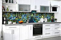 Виниловый кухонный фартук Незабудки самоклеющаяся пленка ПВХ скинали 3Д голубые Цветы Зеленый 600*2000 мм