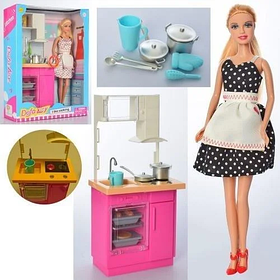 Лялька DEFA KM8439-BF 30см, кухня, меблі 31-14,5 см,посуд, світло, 2цв, в коробці
