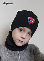Комплект детская шапка и хомут с пришивным мигающим спайдерменом черный цвет