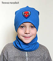Комплект детская шапка и хомут с пришивным мигающим спайдерменом цвет голубой