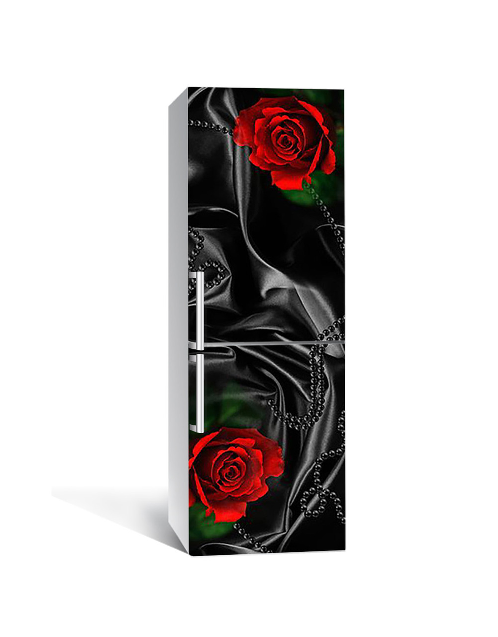 Вінілова 3Д наклейка на холодильник Чорний шовк та червоні троянди ПВХ плівка самоклеюча квіти Текстура