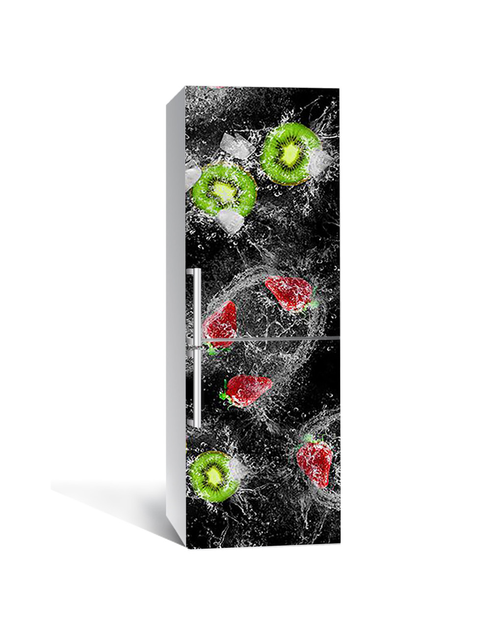 Вінілова 3Д наклейка на холодильник Ківі Бризки ПВХ плівка самоклейка полуниця Ягоди вода Чорний 600*1800 мм, фото 1