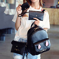 Шикарный набор "Зайка" черного цвета: рюкзак, сумочка на цепочке, кошелечек, визитница
