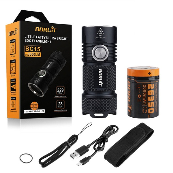 Ліхтар BORUIT BC15 XPG3 3000LM+USB Батарея 26350*2000mAh