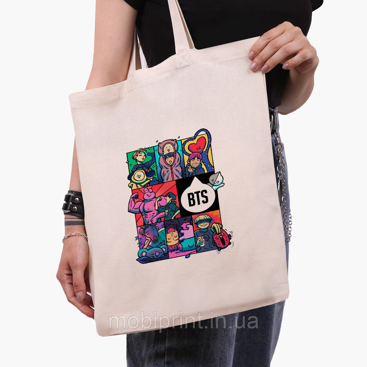Еко сумка БТС (BTS) бежева канвас з принтом
