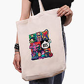 Еко сумка БТС (BTS) бежева з широким дном канвас