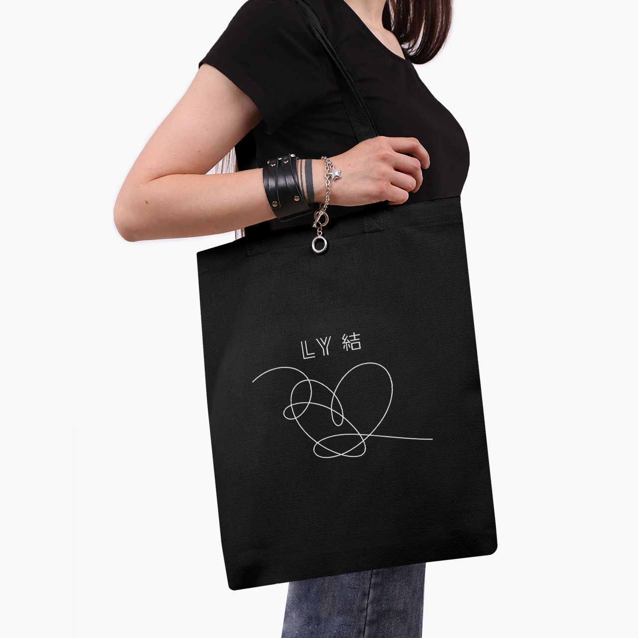 Еко сумка БТС (BTS) чорна саржа, шопер з принтом